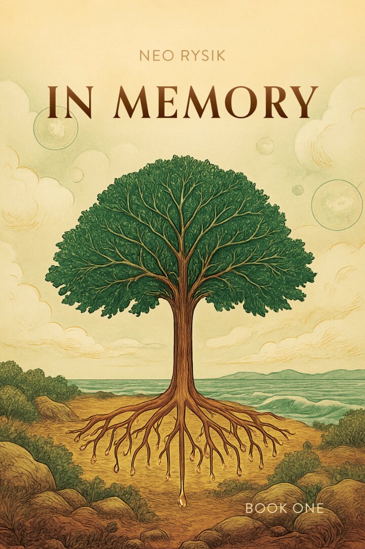 Cover of In Memory by Neo Rysik, showing a vast tree rooted beside Lake Superior